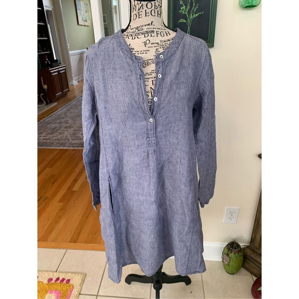 Tahari 100% Linen Chambray Mandarin Collar Long Sleeve Swing Dress